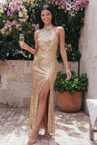 Sparkly Gold Halter Sheath Midi Dress with Slit