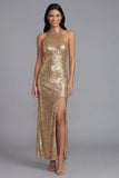 Sparkly Gold Halter Sheath Midi Dress with Slit