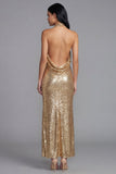 Sparkly Gold Halter Sheath Midi Dress with Slit