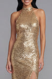 Sparkly Gold Halter Sheath Midi Dress with Slit