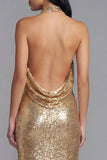 Sparkly Gold Halter Sheath Midi Dress with Slit