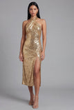 Halter Gold Sheath Midi Dress with Slit