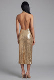 Halter Gold Sheath Midi Dress with Slit