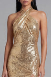 Halter Gold Sheath Midi Dress with Slit