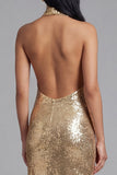Halter Gold Sheath Midi Dress with Slit