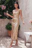 Sparkly Sheath Gold Spaghetti Straps Midi Dress