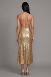 Sparkly Sheath Gold Spaghetti Straps Midi Dress