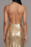 Sparkly Sheath Gold Spaghetti Straps Midi Dress