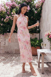 Pink Halter Sheath Floral Midi Wedding Guest Dress with Slit