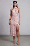 Pink Halter Sheath Floral Midi Wedding Guest Dress with Slit