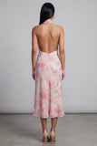Pink Halter Sheath Floral Midi Wedding Guest Dress with Slit