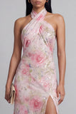 Pink Halter Sheath Floral Midi Wedding Guest Dress with Slit