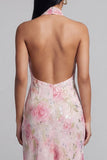 Pink Halter Sheath Floral Midi Wedding Guest Dress with Slit