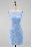 Blue Lace Floral Bodycon Bateau Neck Mini Dress