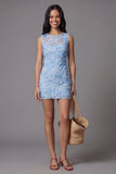 Blue Lace Floral Bodycon Bateau Neck Mini Dress