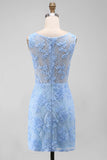 Blue Lace Floral Bodycon Bateau Neck Mini Dress