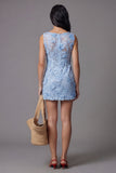 Blue Lace Floral Bodycon Bateau Neck Mini Dress