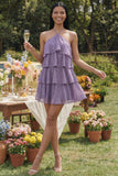 Purple Halter Tiered Ruffle A Line Mini Dress