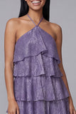Purple Halter Tiered Ruffle A Line Mini Dress