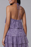 Purple Halter Tiered Ruffle A Line Mini Dress