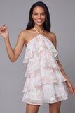 Purple Halter Tiered Ruffle A Line Mini Dress