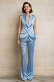 Sleeveless Peak Lapel 2 Piece Blue Women Suits