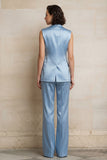 Sleeveless Peak Lapel 2 Piece Blue Women Suits