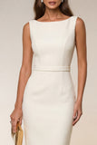 Pencil Bateau Neck White Knee-Length Work Dress