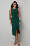 Dark Green Bateau Neck Sheath Midi Work Dress With Slit