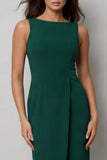 Dark Green Bateau Neck Sheath Midi Work Dress With Slit