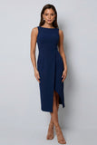 Dark Green Bateau Neck Sheath Midi Work Dress With Slit