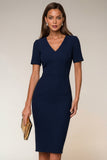 Navy V-Neck Pencil Short Sleeve Knee-Length Work Dress With Back Slit
