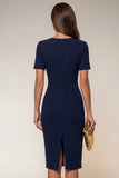 Navy V-Neck Pencil Short Sleeve Knee-Length Work Dress With Back Slit