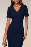 Navy V-Neck Pencil Short Sleeve Knee-Length Work Dress With Back Slit