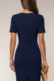 Navy V-Neck Pencil Short Sleeve Knee-Length Work Dress With Back Slit