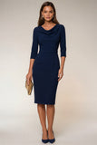 Navy 3/4 Sleeves Cowl Neck Pencil Midi Work Dress