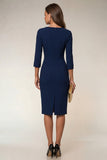 Navy 3/4 Sleeves Cowl Neck Pencil Midi Work Dress