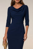 Navy 3/4 Sleeves Cowl Neck Pencil Midi Work Dress