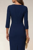 Navy 3/4 Sleeves Cowl Neck Pencil Midi Work Dress