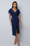 Navy Flutter Sleeve V-Neck Sheath Midi Work Dress With Slit