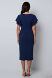 Navy Flutter Sleeve V-Neck Sheath Midi Work Dress With Slit
