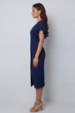 Navy Flutter Sleeve V-Neck Sheath Midi Work Dress With Slit