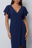 Navy Flutter Sleeve V-Neck Sheath Midi Work Dress With Slit