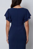 Navy Flutter Sleeve V-Neck Sheath Midi Work Dress With Slit