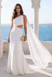 One Shoulder Mermaid Ivory Cut Out Sweep Train Wedding Dress with Sash