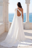 One Shoulder Mermaid Ivory Cut Out Sweep Train Wedding Dress with Sash