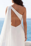 One Shoulder Mermaid Ivory Cut Out Sweep Train Wedding Dress with Sash