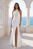 Halter Ruched Ivory Mermaid Wedding Dress with Slit