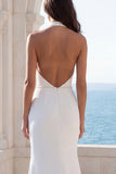 Halter Ruched Ivory Mermaid Wedding Dress with Slit