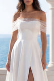 Beaded Off The Shoulder Ivory Mermaid Wedding Dress with Slit